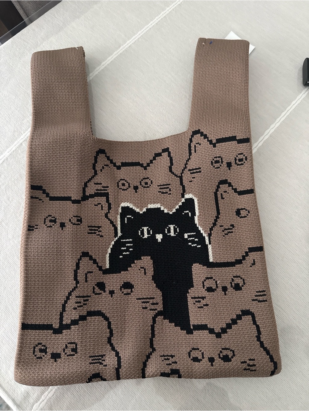 Cute Knit Cat Tote Bag Stretch Reusable Shopper Kawaii Aesthetic Brown Black